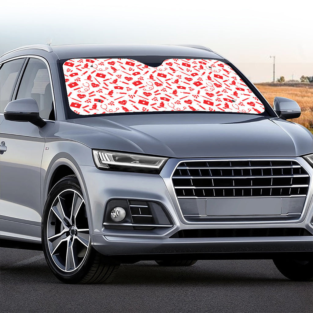 Red And White Nurse Pattern Print Car Windshield Sun Shade