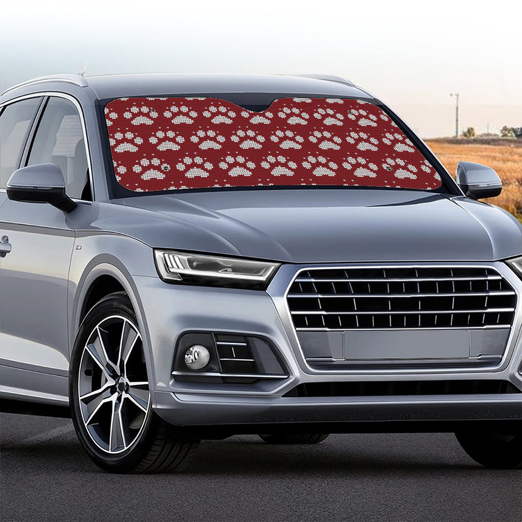 Red And White Paw Knitted Pattern Print Car Windshield Sun Shade