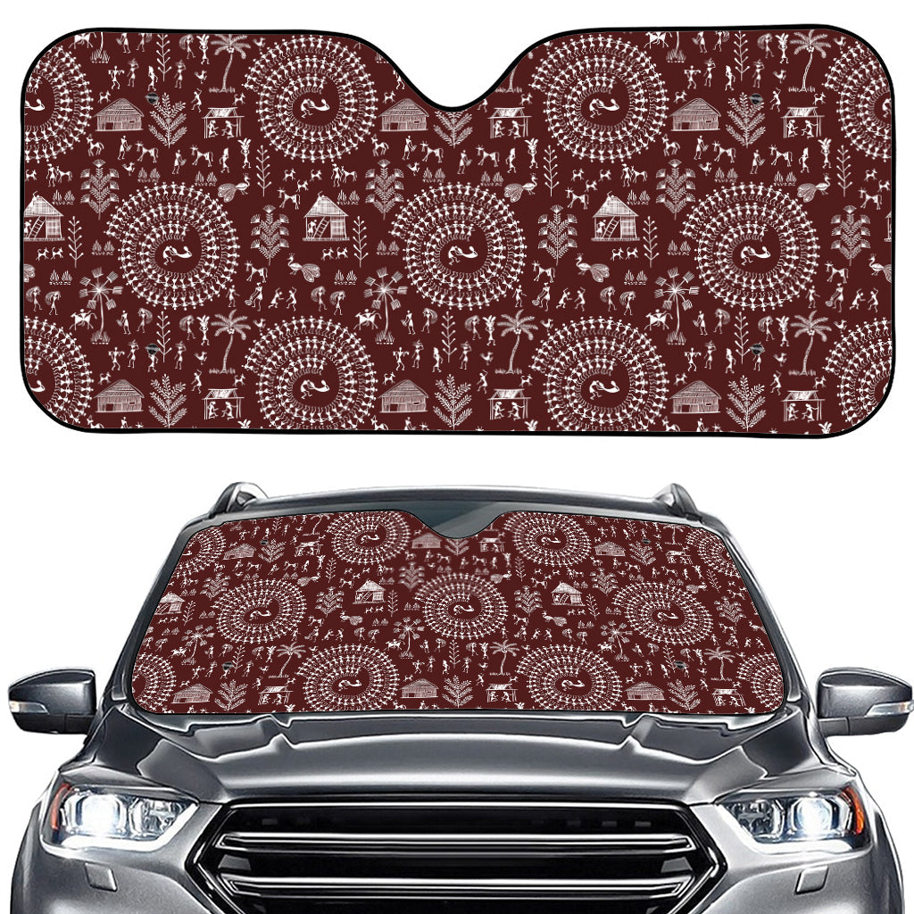 Red And White Warli Tribal Print Car Windshield Sun Shade