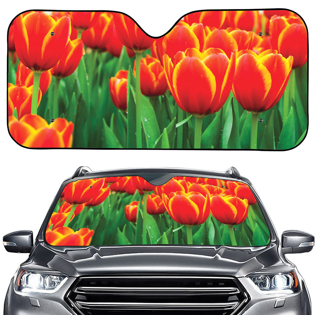 Red And Yellow Tulip Print Car Windshield Sun Shade