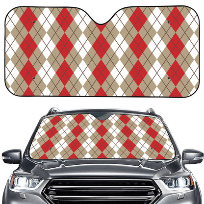 Red Beige And White Argyle Pattern Print Car Windshield Sun Shade