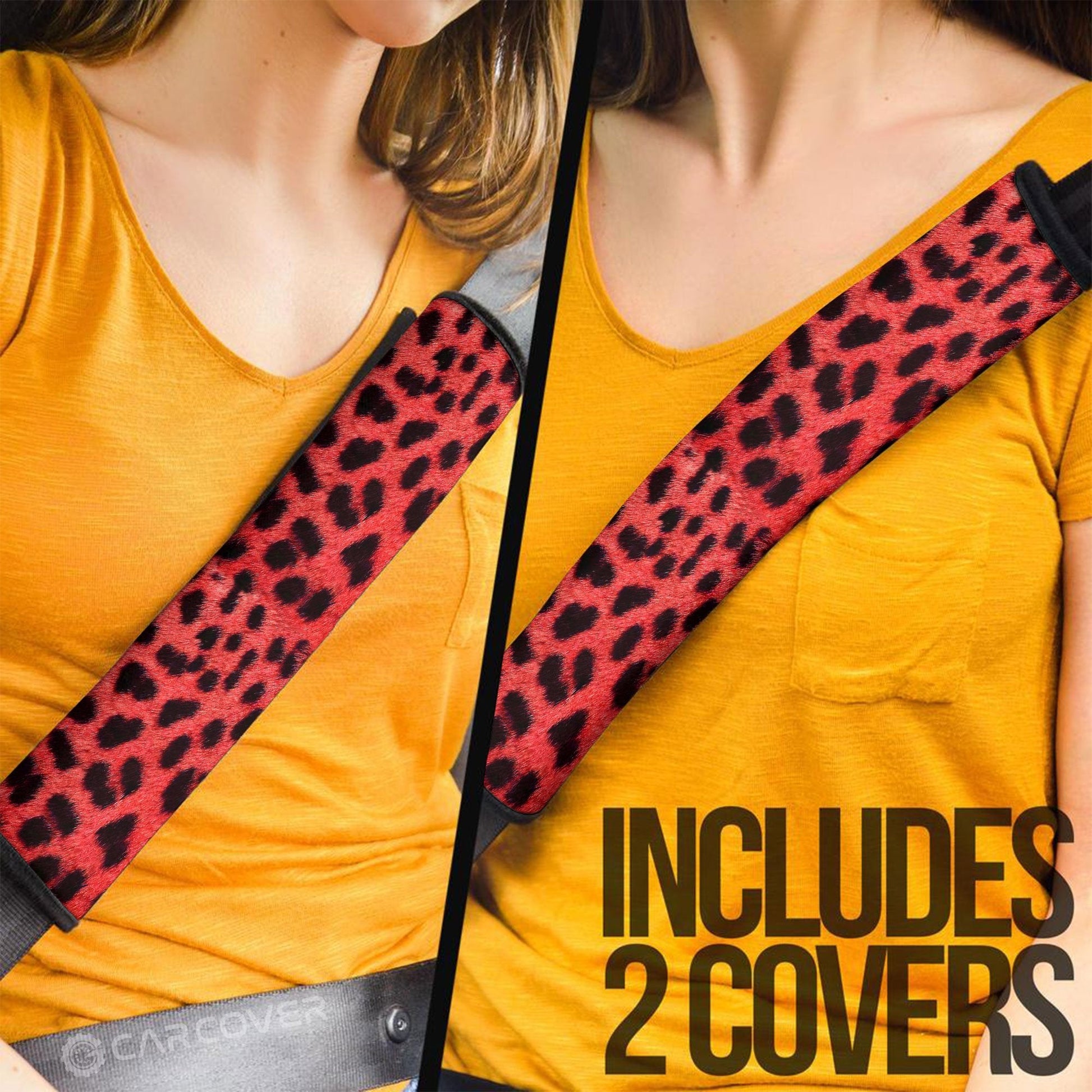Red Cheetah Skin Seat Belt Covers Custom Animal Skin Printed Car Interior Accessories
