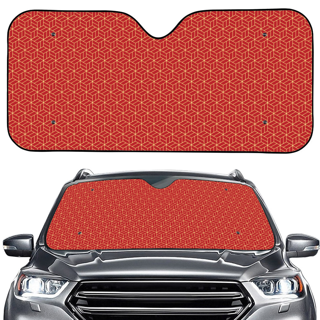 Red Geometric Japanese Pattern Print Car Windshield Sun Shade