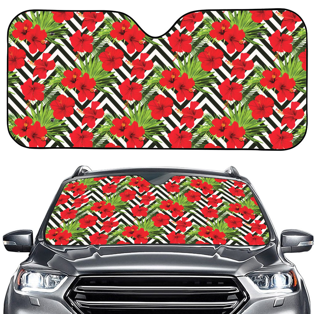 Red Hibiscus Chevron Pattern Print Car Windshield Sun Shade