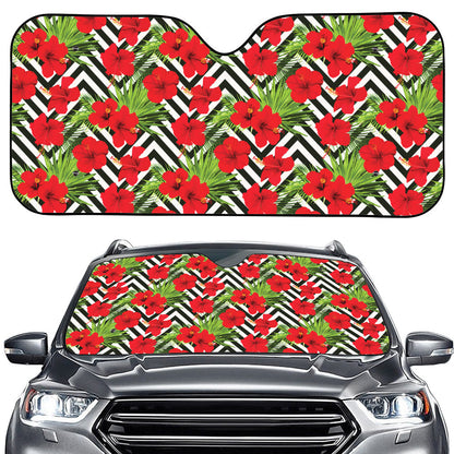 Red Hibiscus Chevron Pattern Print Car Windshield Sun Shade