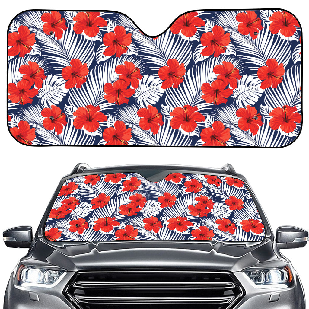 Red Hibiscus Tropical Pattern Print Car Windshield Sun Shade