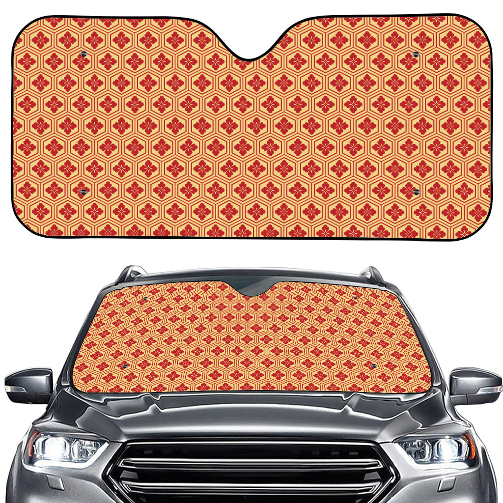 Red Japanese Flower Pattern Print Car Windshield Sun Shade