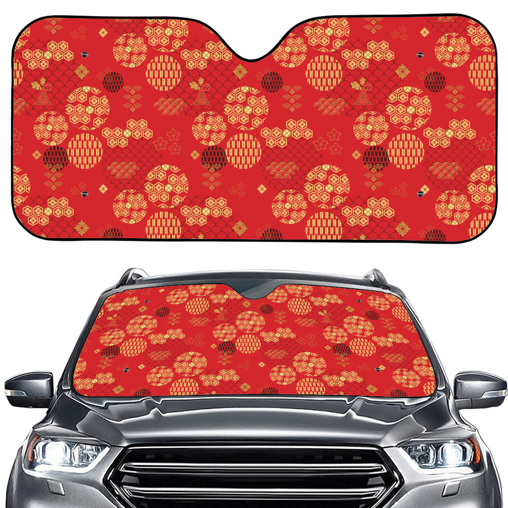Red Japanese Pattern Print Car Windshield Sun Shade