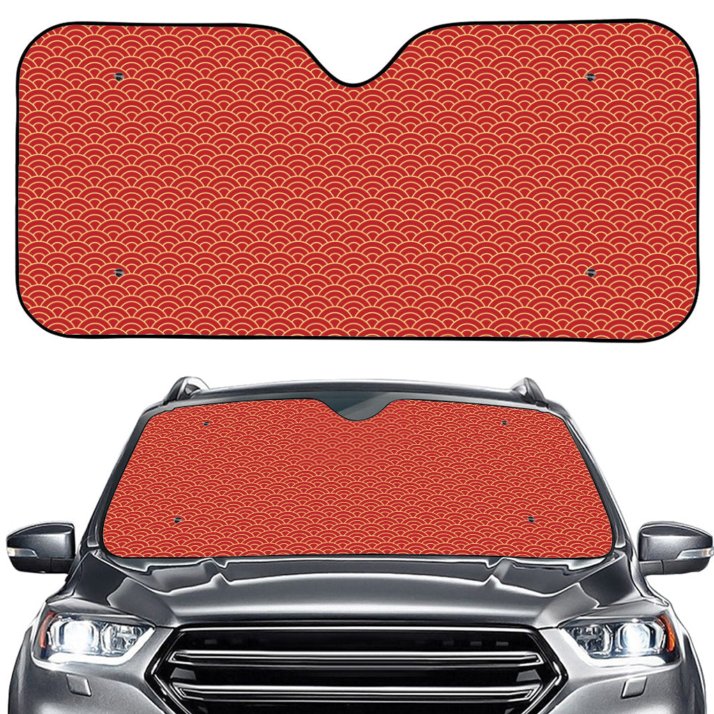 Red Japanese Wave Pattern Print Car Windshield Sun Shade