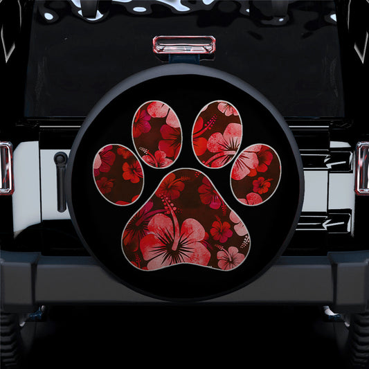Red Paw Print Hawaiian Hibiscus Car Spare Tire Cover