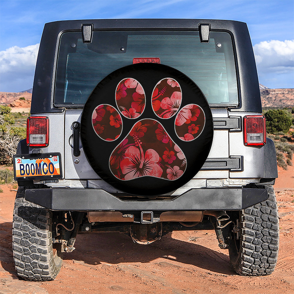 Red Paw Print Hawaiian Hibiscus Car Spare Tire Cover