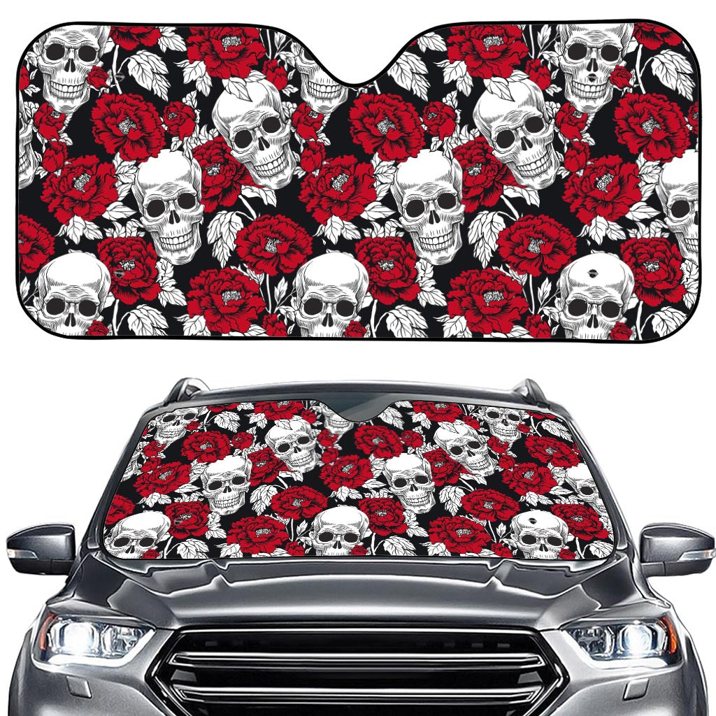 Red Peony Skull Pattern Print Car Windshield Sun Shade