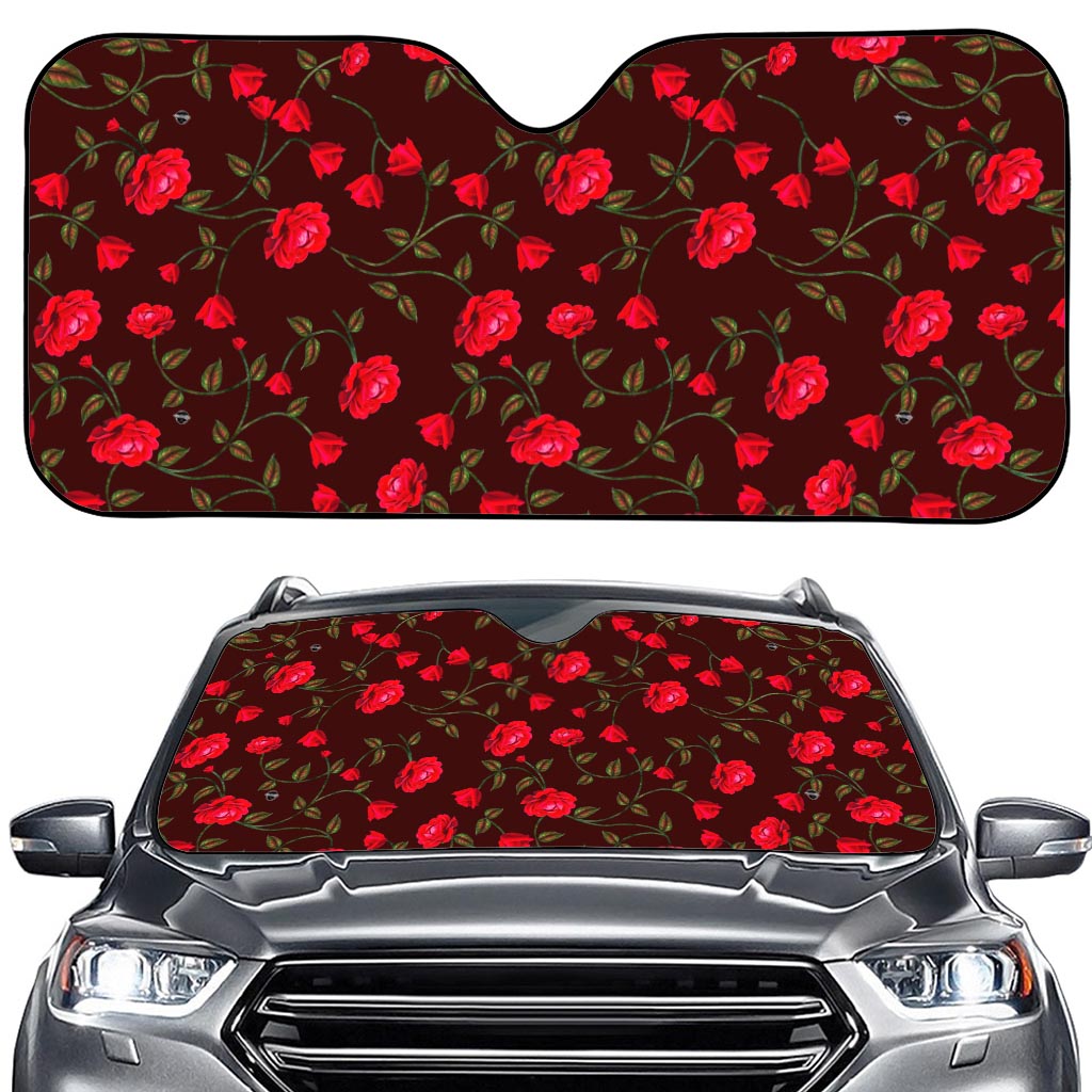 Red Rose Floral Flower Pattern Print Car Windshield Sun Shade