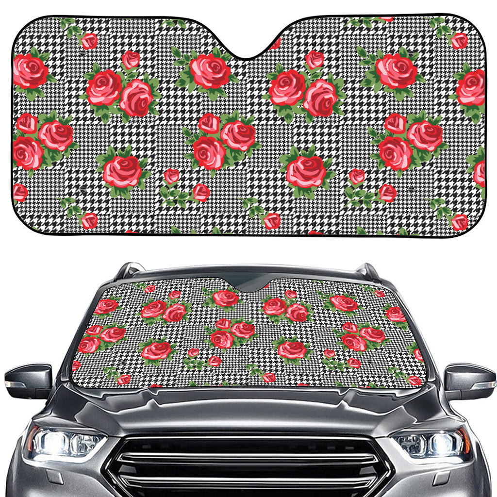 Red Roses Houndstooth Pattern Print Car Windshield Sun Shade