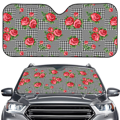 Red Roses Houndstooth Pattern Print Car Windshield Sun Shade