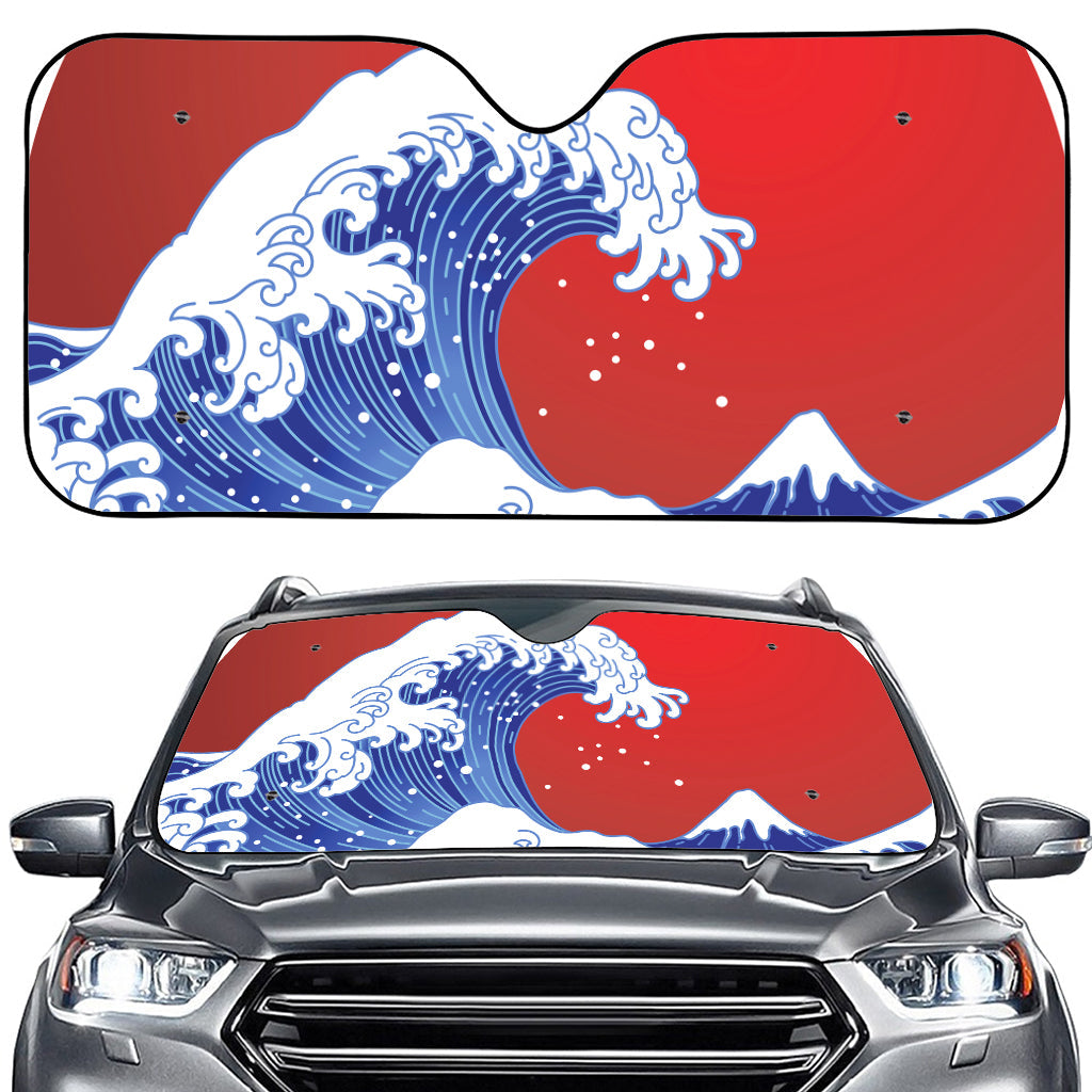 Red Sun Japanese Wave Print Car Windshield Sun Shade