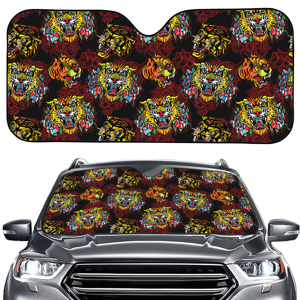 Red Tiger Tattoo Pattern Print Car Windshield Sun Shade