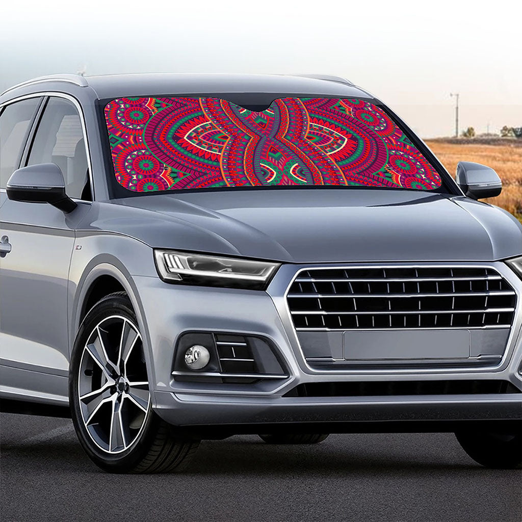 Red Tribal Ethnic Mandala Print Car Windshield Sun Shade