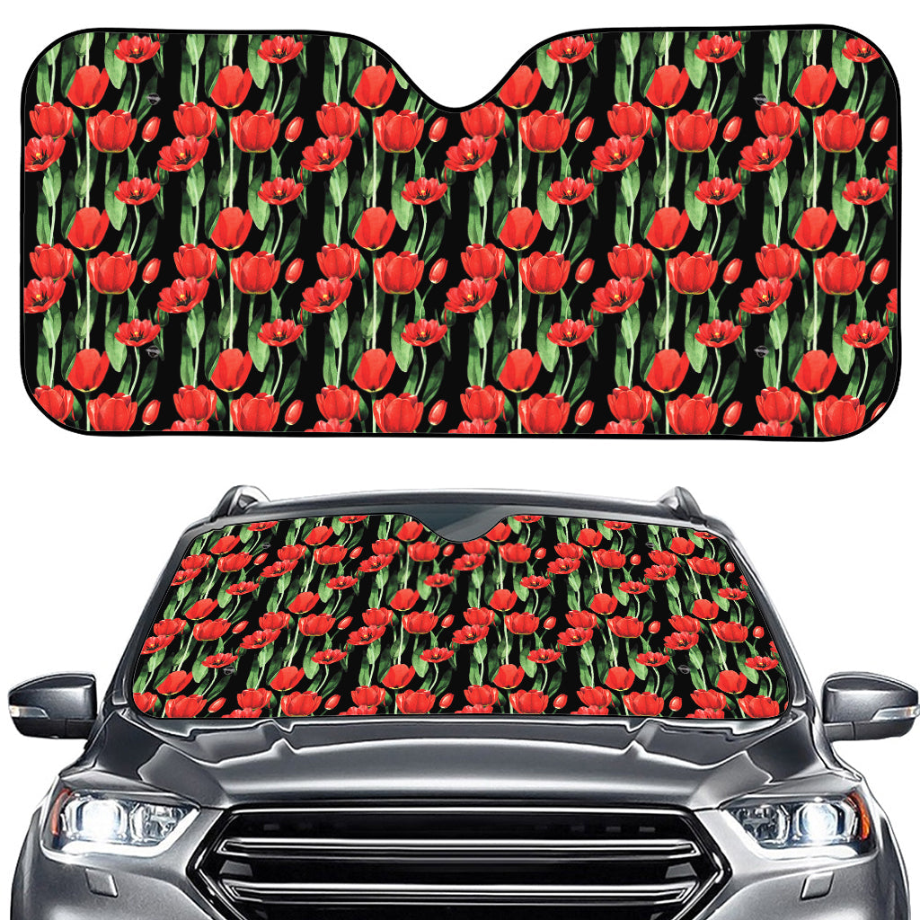 Red Watercolor Tulip Pattern Print Car Windshield Sun Shade