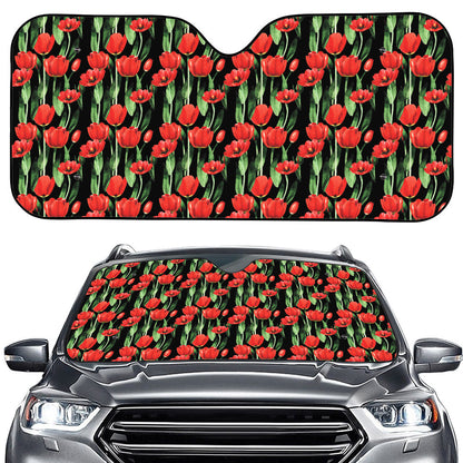 Red Watercolor Tulip Pattern Print Car Windshield Sun Shade