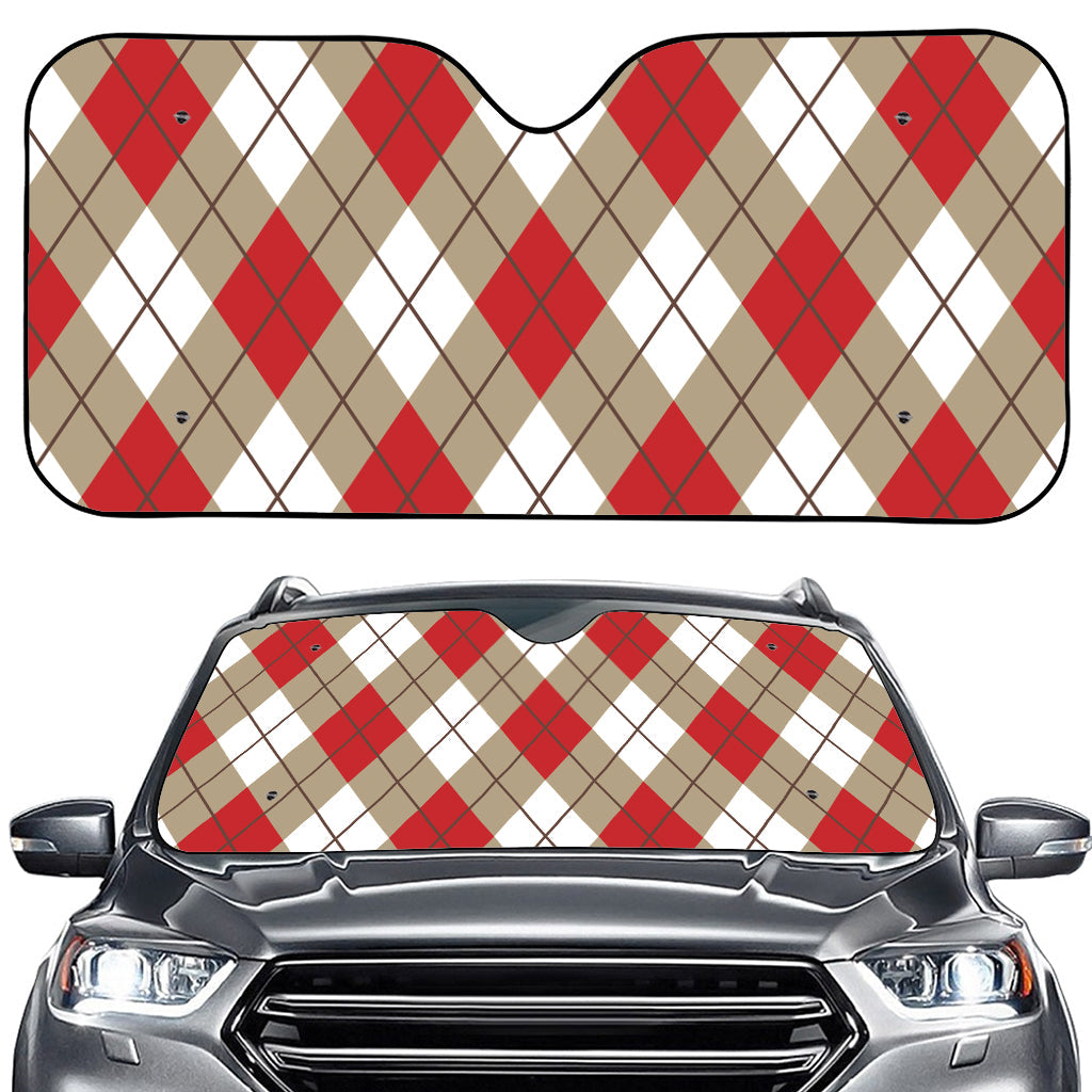 Red White And Beige Argyle Pattern Print Car Windshield Sun Shade