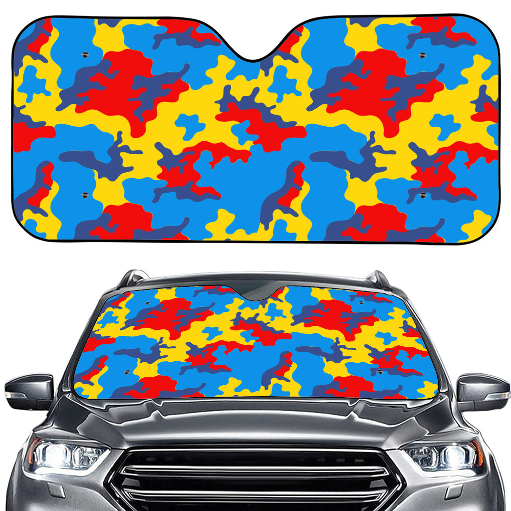 Red Yellow And Blue Camouflage Print Car Windshield Sun Shade