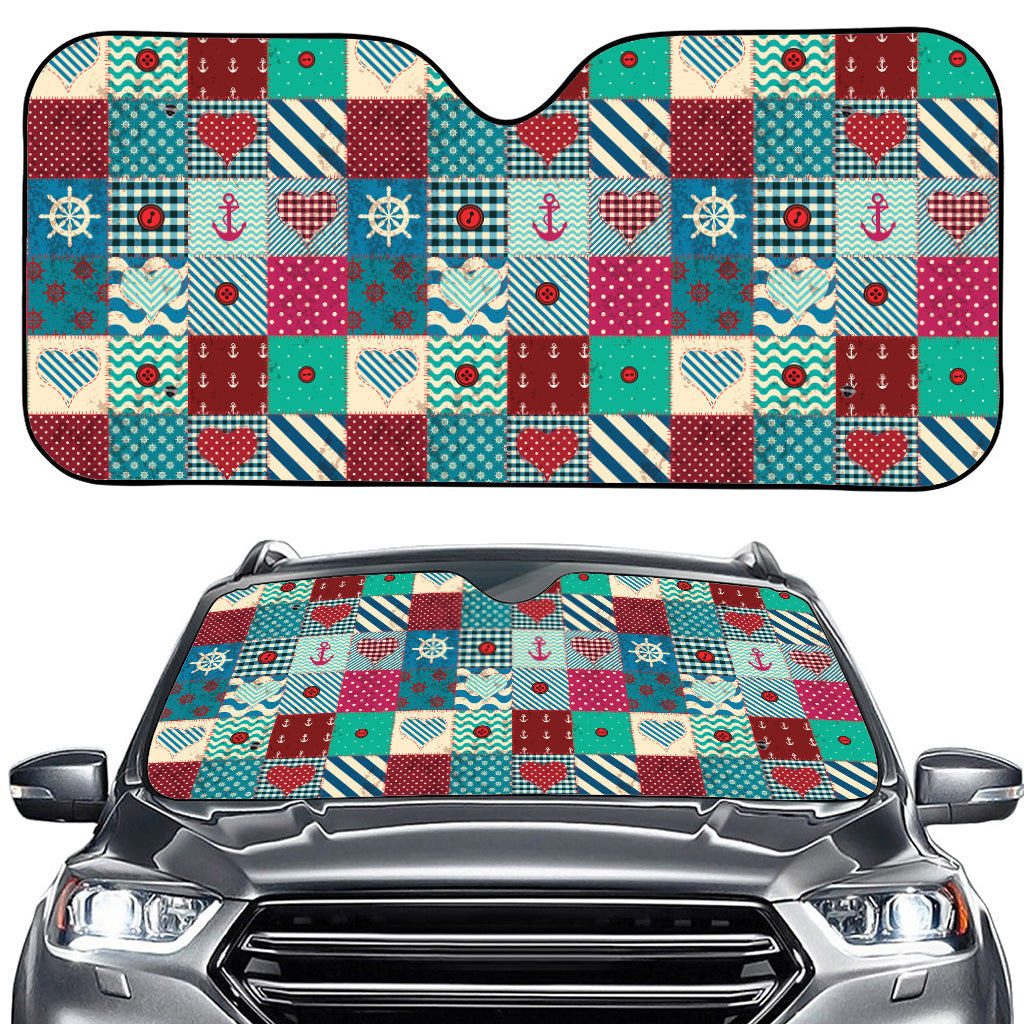Retro Nautical Patchwork Pattern Print Car Windshield Sun Shade