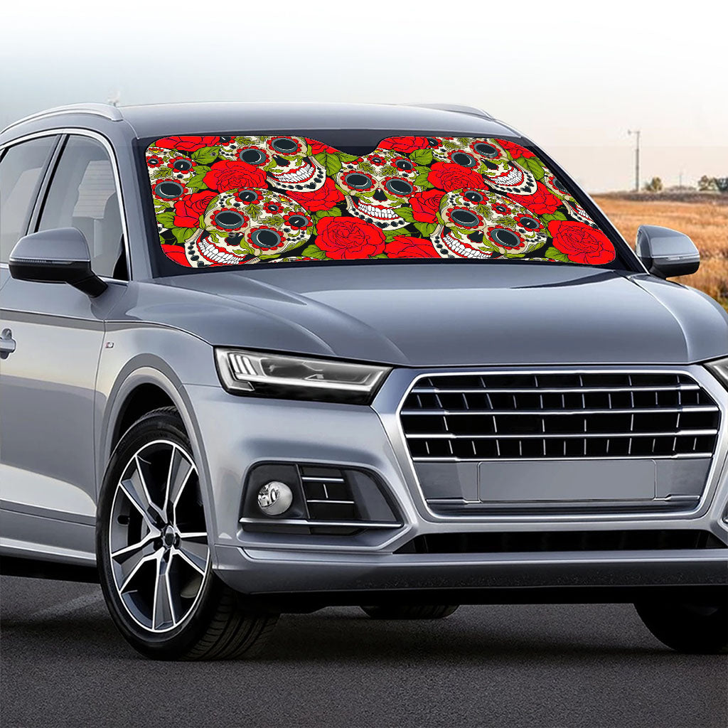 Rose Floral Sugar Skull Pattern Print Car Windshield Sun Shade