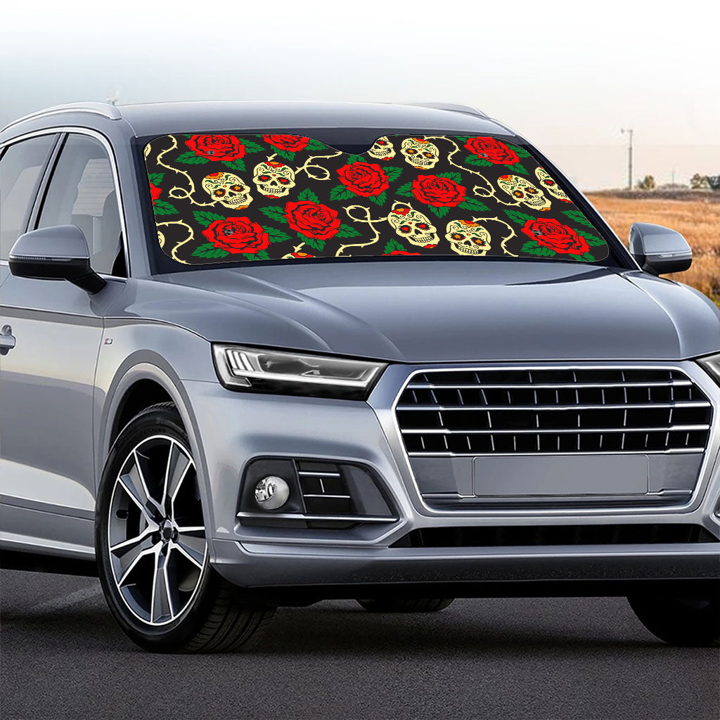 Rose Flower Sugar Skull Pattern Print Car Windshield Sun Shade