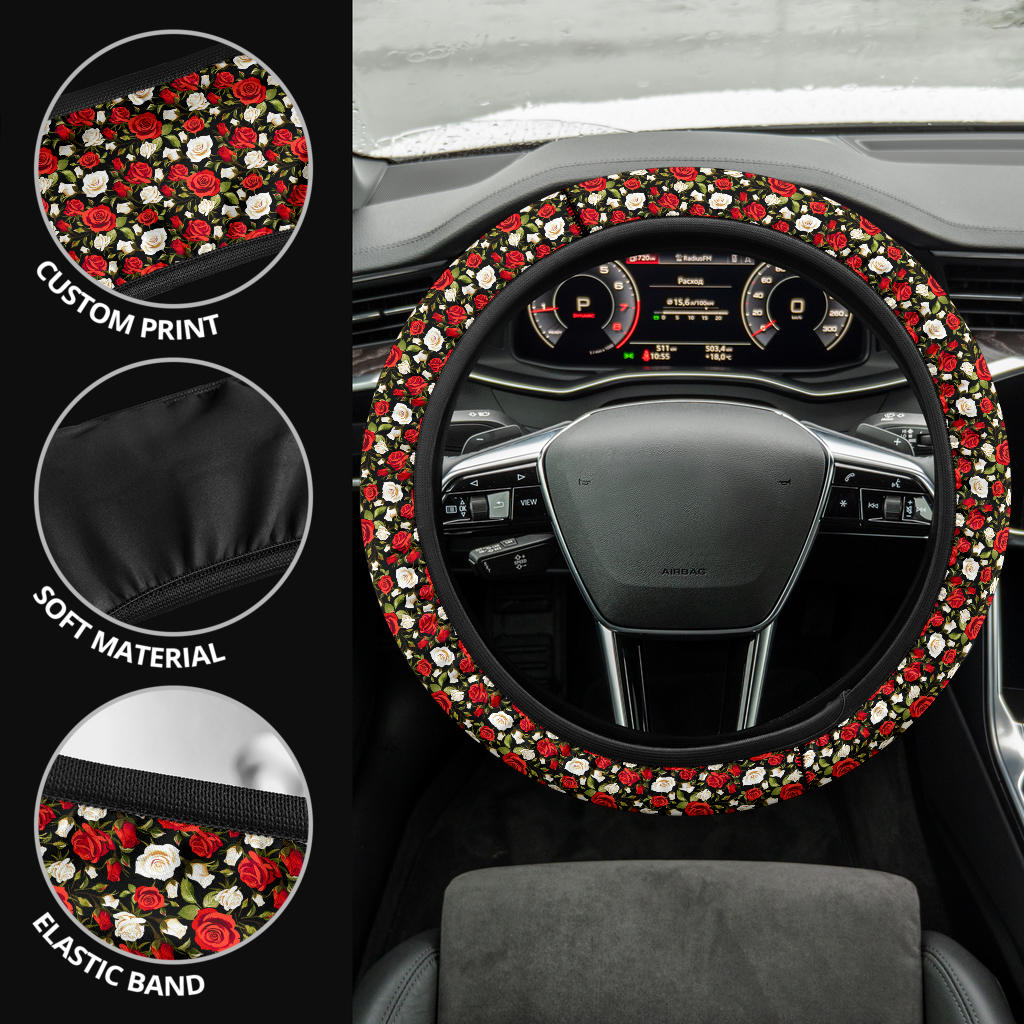 Rose Red White Premium Car Steering Wheel Cover