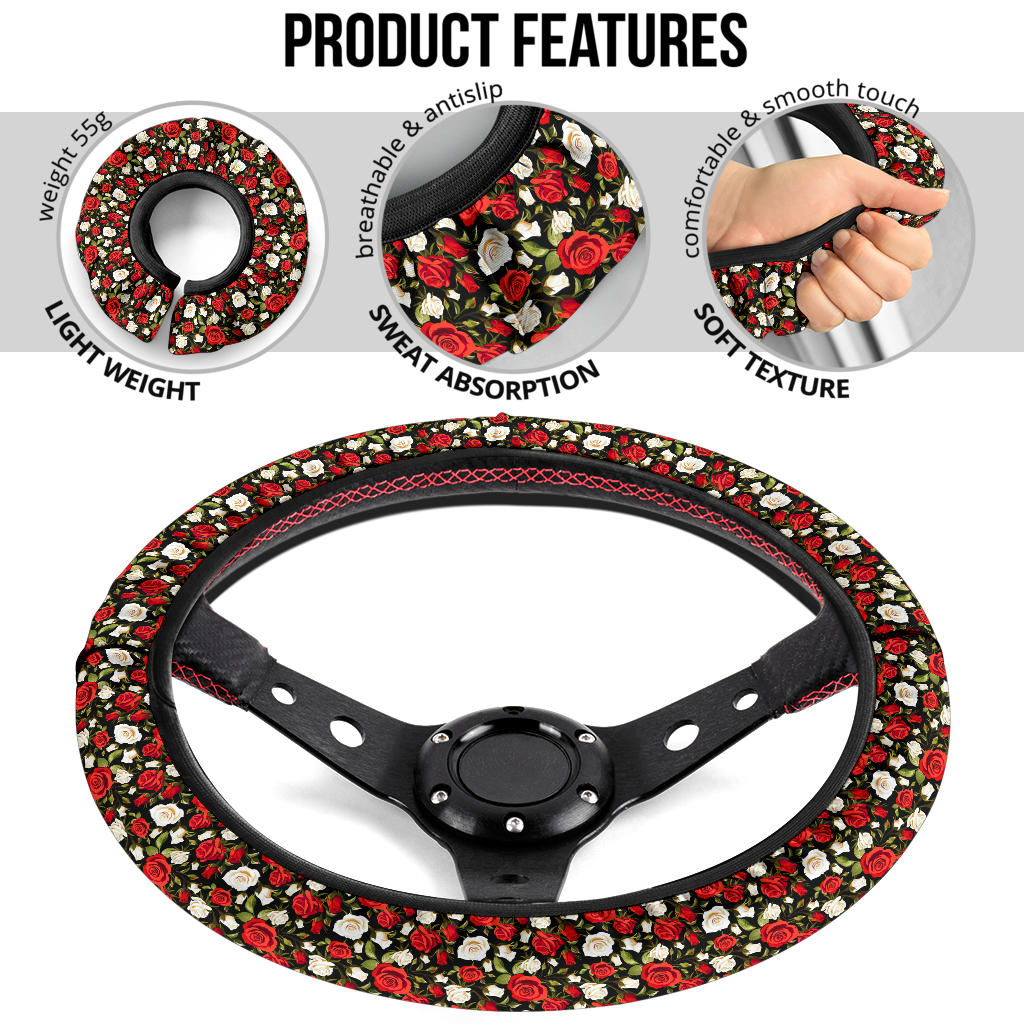 Rose Red White Premium Car Steering Wheel Cover