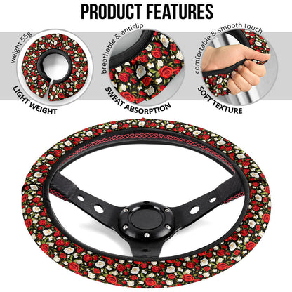 Rose Red White Premium Car Steering Wheel Cover