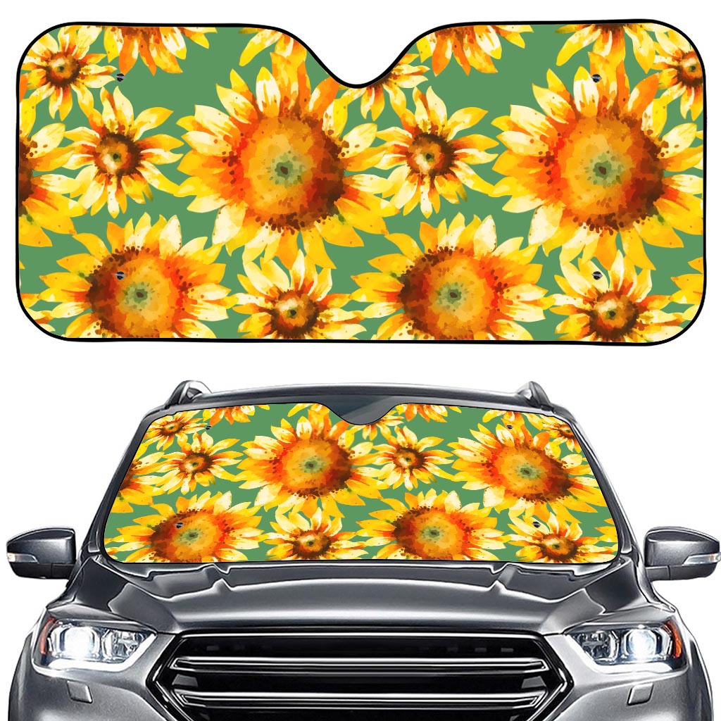 Sage Watercolor Sunflower Pattern Print Car Windshield Sun Shade