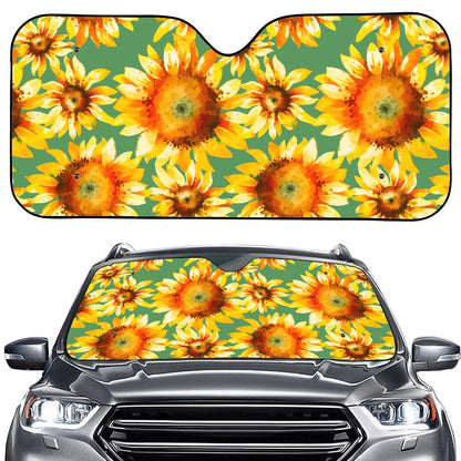Sage Watercolor Sunflower Pattern Print Car Windshield Sun Shade