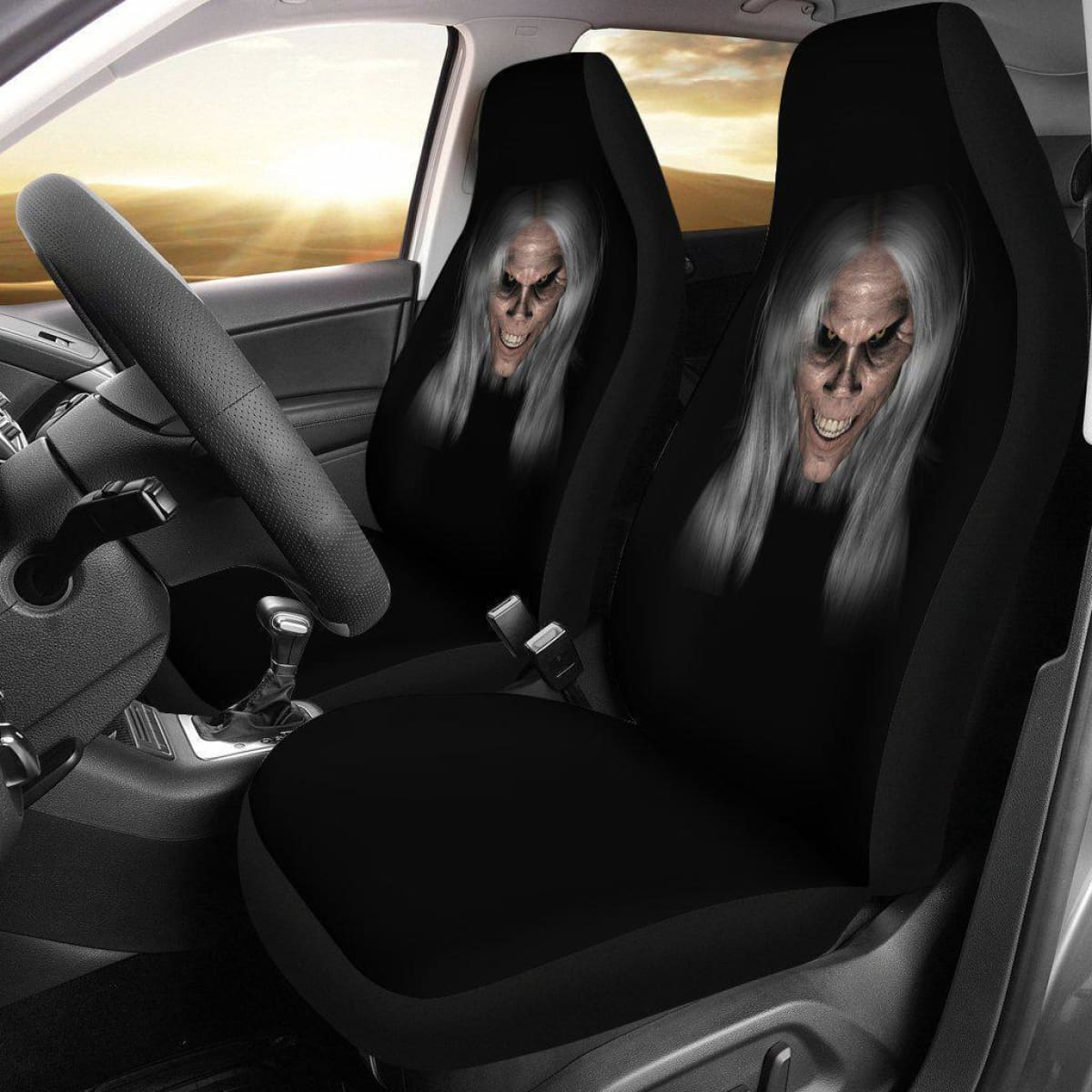 Scary Horror Gray Hair Design Black Seat Covers Universal Fit 225721
