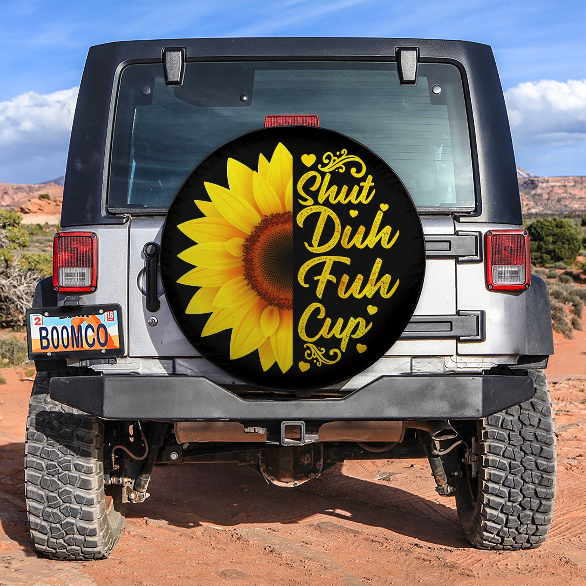 Shut Duh Fuh Cup Sunflower Car Spare Tire Cover