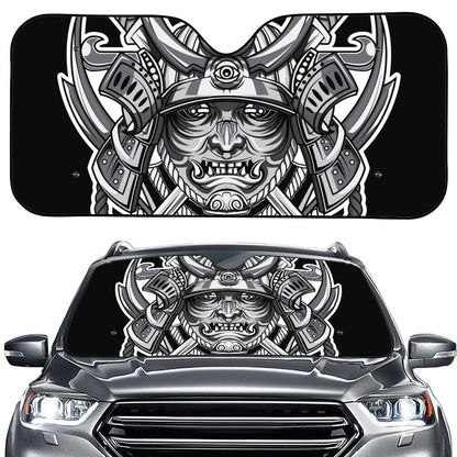 Silver Samurai Mask Print Car Windshield Sun Shade