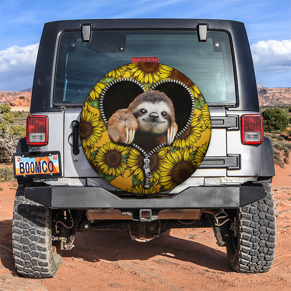 Sloth Cute Sunflower Zipper Car Spare Tire Cover