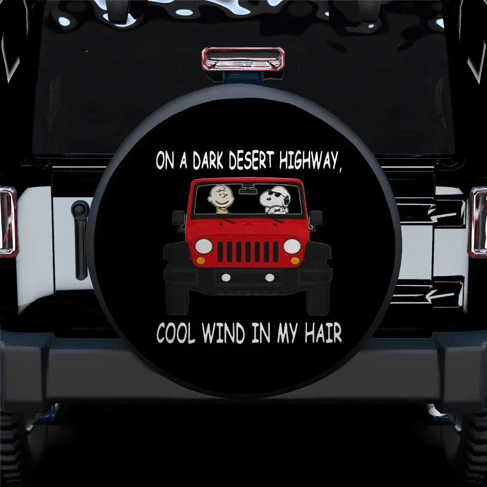 Snoopy And Friend On A Dark Desert Highway Car Leather Spare Tire Cover - PersonalizedFury