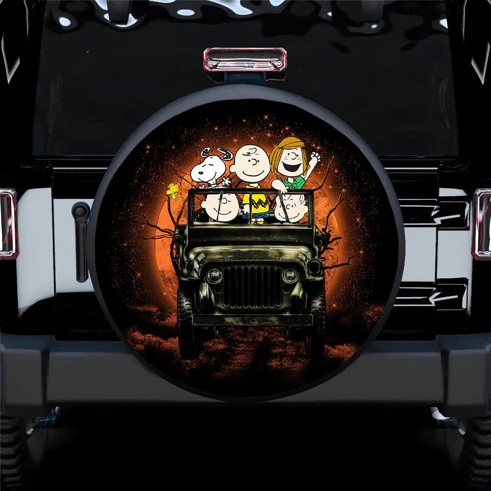 Snoopy And Friends Ride Jeep Halloween Funny Car Leather Spare Tire Cover - PersonalizedFury