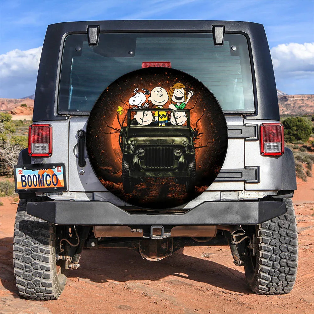 Snoopy And Friends Ride Jeep Halloween Funny Car Leather Spare Tire Cover - PersonalizedFury