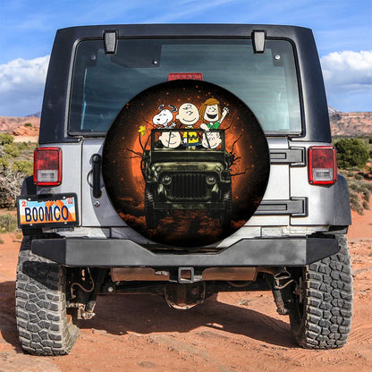 Snoopy And Friends Ride Jeep Halloween Funny Car Leather Spare Tire Cover - PersonalizedFury