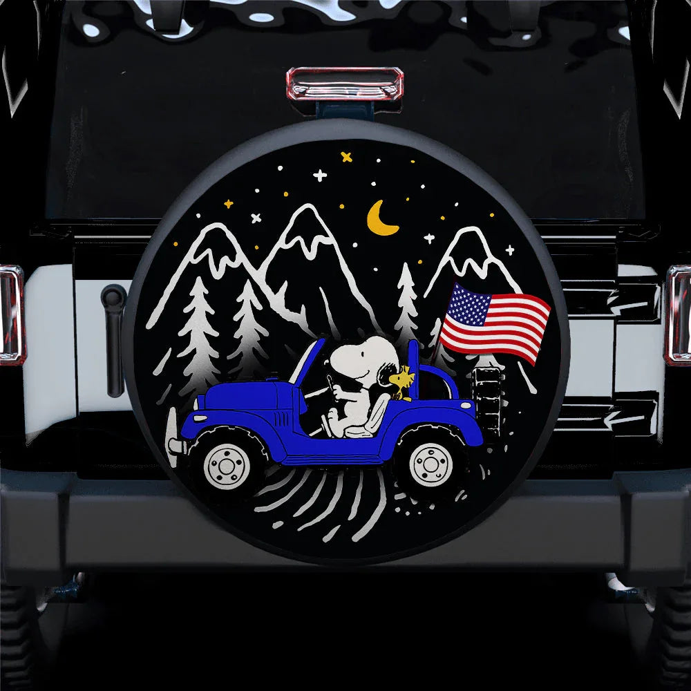 Snoopy Blue Jeep US Flag Mountain Car Leather Spare Tire Cover - PersonalizedFury