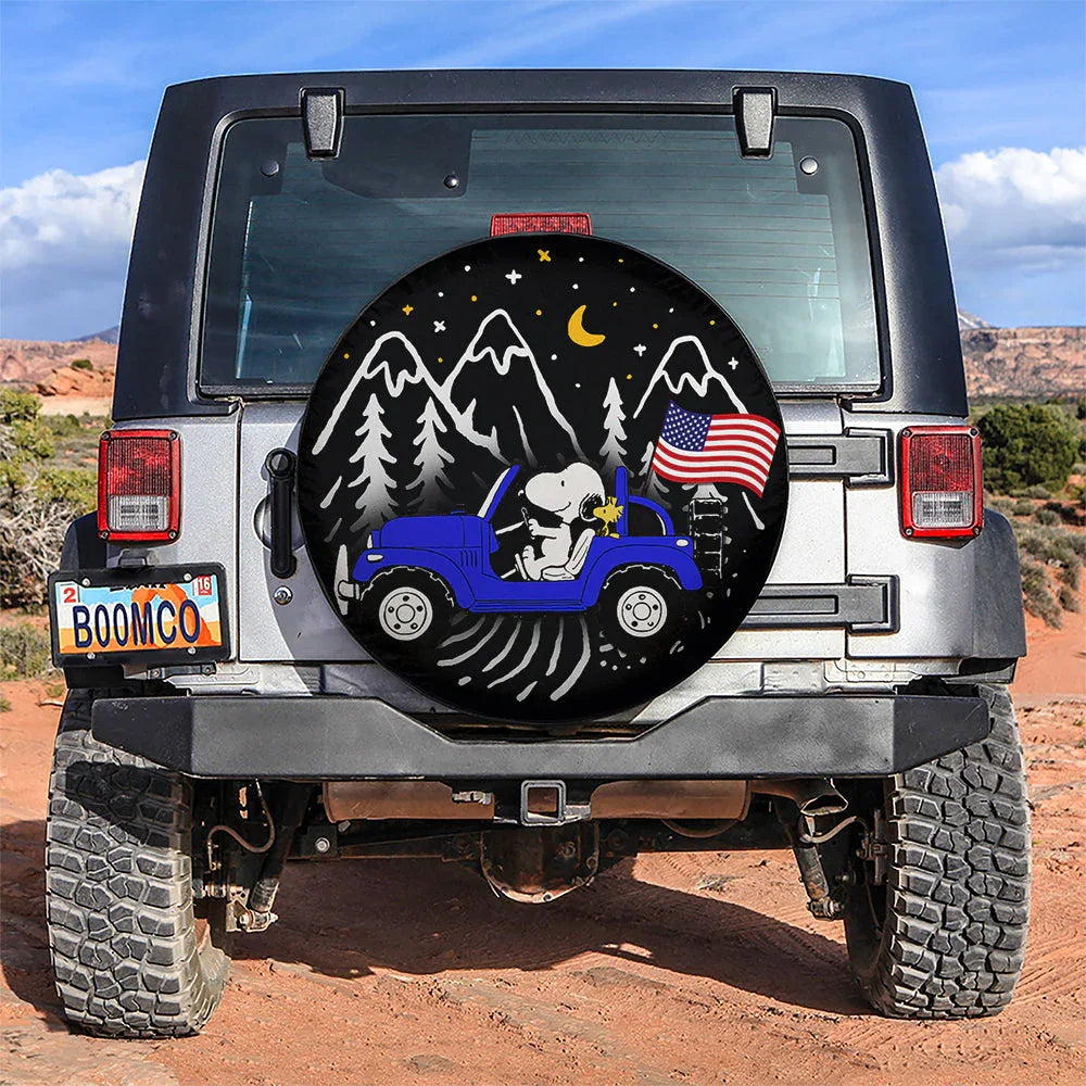 Snoopy Blue Jeep US Flag Mountain Car Leather Spare Tire Cover - PersonalizedFury