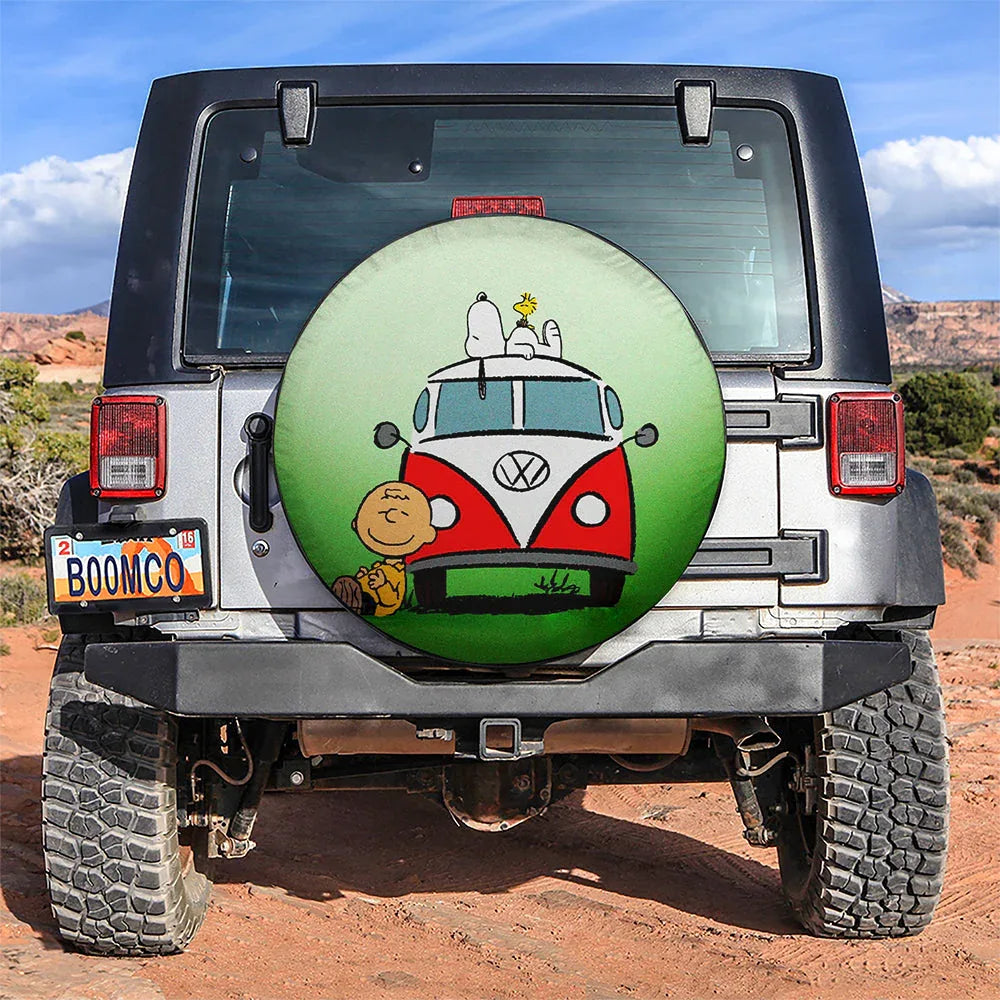 Snoopy Green Hippie Car Leather Spare Tire Cover - PersonalizedFury