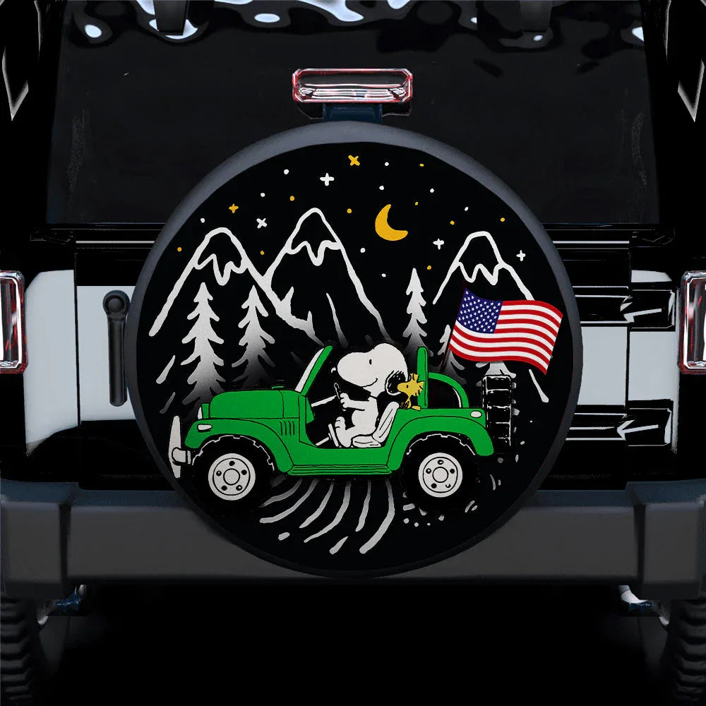 Snoopy Green Jeep US Flag Mountain Car Leather Spare Tire Cover - PersonalizedFury