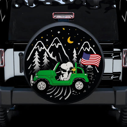 Snoopy Green Jeep US Flag Mountain Car Leather Spare Tire Cover - PersonalizedFury