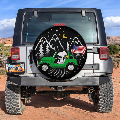 Snoopy Green Jeep US Flag Mountain Car Leather Spare Tire Cover - PersonalizedFury