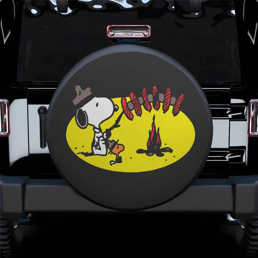 Snoopy Hot Dog Camping Fire Leather Spare Tire Cover - PersonalizedFury