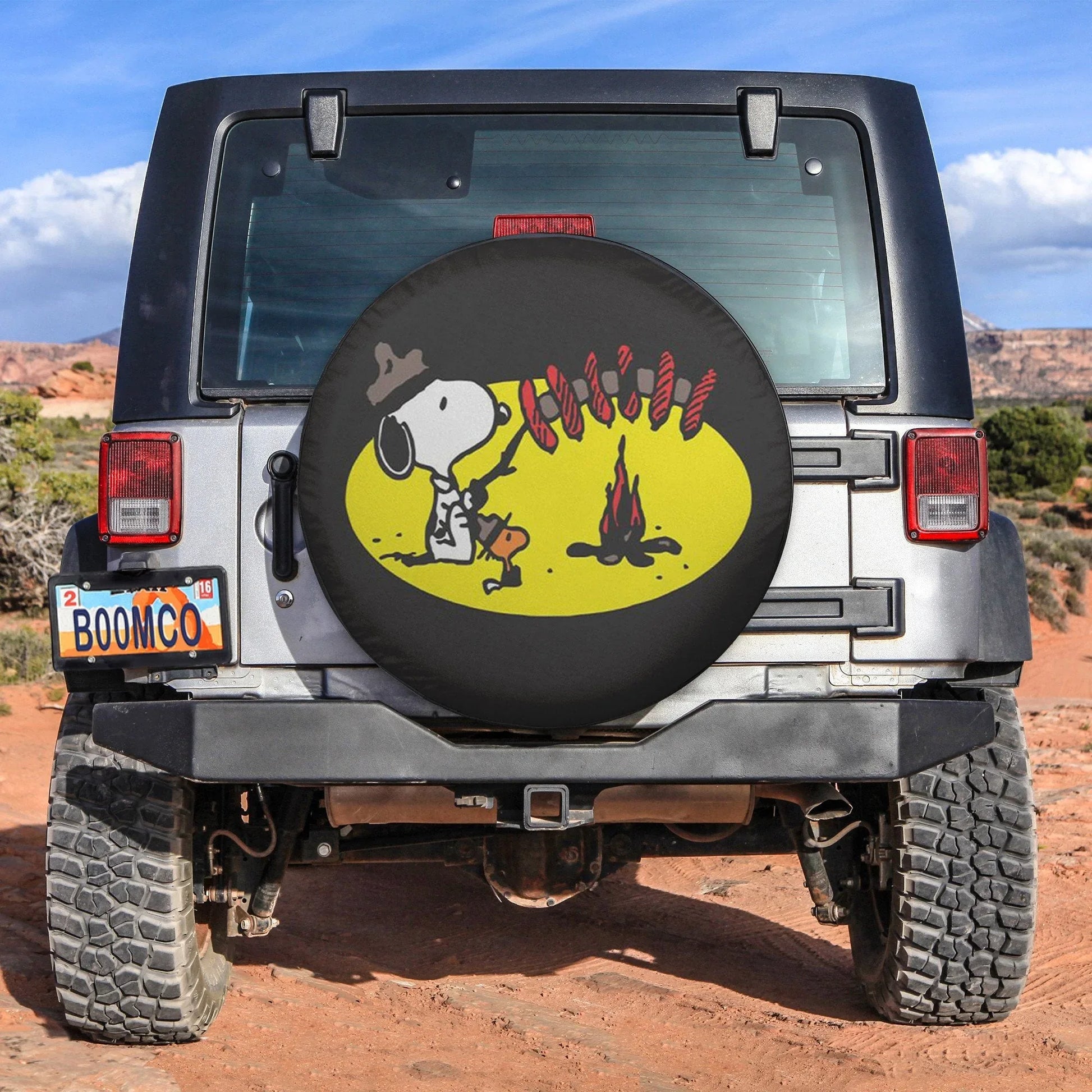 Snoopy Hot Dog Camping Fire Leather Spare Tire Cover - PersonalizedFury